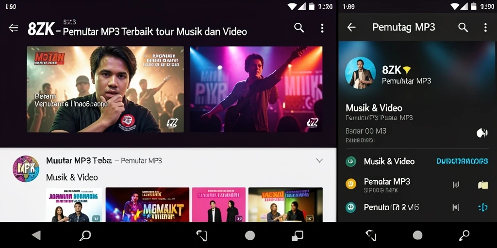 Screenshot aplikasi 8ZK menunjukkan desain antarmuka Pemutar MP3 yang modern.